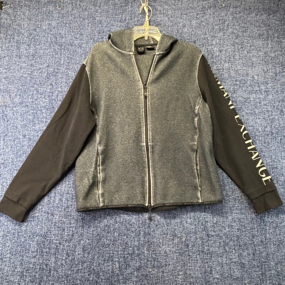 Armani Exchange Womens XL Hoodie Gray Black Full Zip A|X Fits Large Distressed
